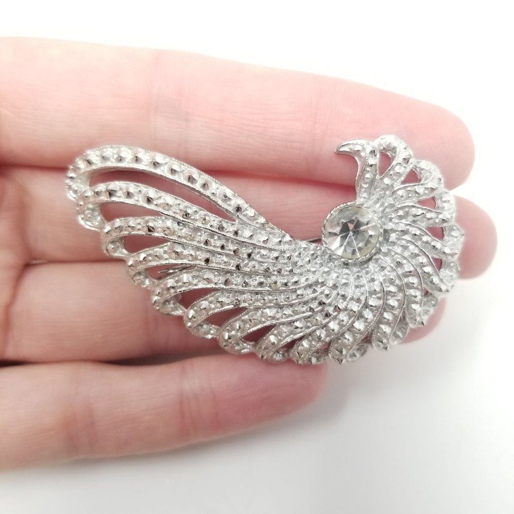 Vintage Silver Tone and Rhinestoen Wing Shaped Spiral Brooch Lapel Pin, Abstract